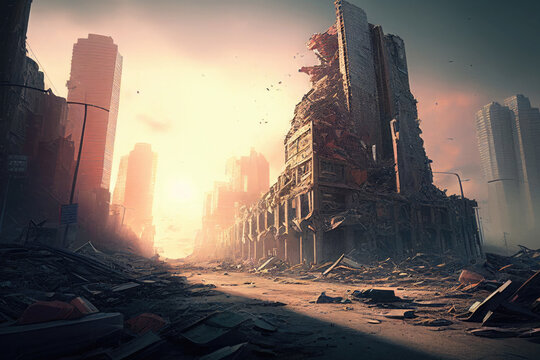Post apocaliptic cityscape. Ruins in city after war. Destroyed buidings in city after earthquake. Abandoned houses. Created with Generative AI