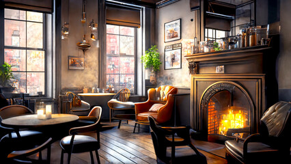 Cozy, modern bookstore interior with a fireplace