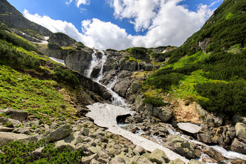 The Great Siklawa Waterfall on Roztoka Stream. The High Tatra Mountains, Carpathians. Valley of Five Polish Ponds - obrazy, fototapety, plakaty