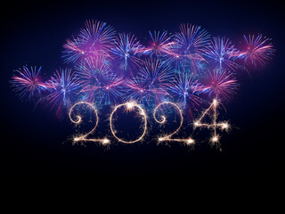Happy New Year 2024. Sparkling burning numbers Year 2024 with beautiful blue and pink fireworks....