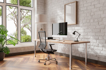 comfortable workplace with pc standing on wooden desk in office at home; bright sunlight shines through large window; wall; with canvas copy space;  remote work freelance concept; 3D Illustration