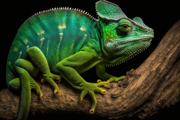 Obraz premium This stunning green chameleon was photographed up close and personal while perched on a zoo branch. Generative AI
