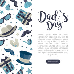 Dads day landing page template. Happy Father Day web banner with hat, moustache, necktie, glasses seamless pattern and space for text cartoon vector