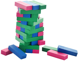 Jenga game of colorful wooden blocks