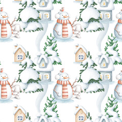 Winter seamless pattern with snowman, houses, Christmas trees