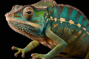 Obraz premium This is a two year old male Furcifer pardalis Ambolobe chameleon, which is native only to Madagascar. This enraged chameleon is 100% pure Ambilobe in his panther form (Chamaeleoninae). Generative AI