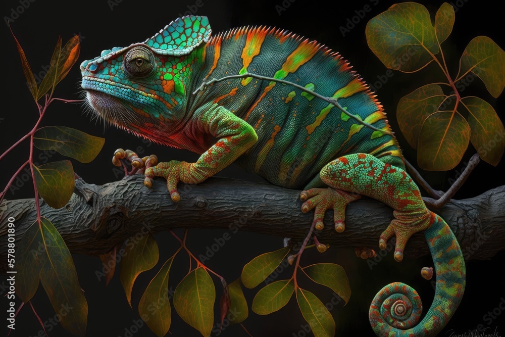 Aufkleber the chameleon panther's varied coloring and the contrast between its dark background and the branch 
