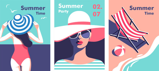 Summer time. Concept of summer party and travel. Perfect background on the theme of season vacation, weekend, beach. Vector illustration in minimalistic style for posters, cover art, flyer, banner. - obrazy, fototapety, plakaty