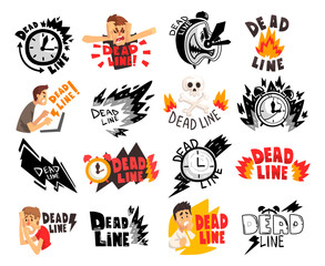 Deadline Badge or Sticker with Clock Dial and Flame Big Vector Set