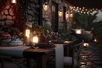 Fototapeta na wymiar Cozy Outdoor Alfresco Dining Setting with Modern Patio and Fairy Lights