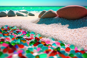 Transparent Luminous Creatures and Pebbles Adorn a White Beach Shore