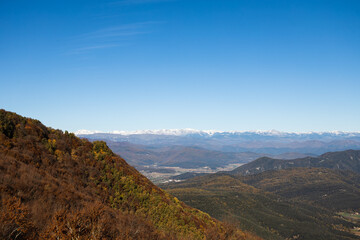 Landscape of red forest with snowy mountains in background, Catalonian winter, Spain