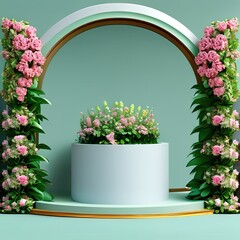 3D display podium with leaves and flora on pastel background. Minimal Jungle exotic green plant composition for product promotion. stand platform for branding and products. 3D render