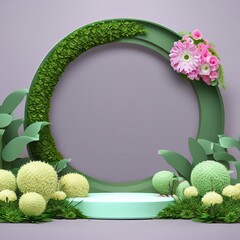 3D display podium with leaves and flora on pastel background. Minimal Jungle exotic green plant composition for product promotion. stand platform for branding and products. 3D render