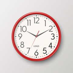 Vector 3d Realistic Simple Round Red Wall Office Clock with White Dial Icon Closeup Isolated on White Backgound. Design Template, Mock-up for Branding, Advertise. Front, Top View