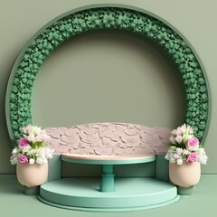 3D display podium with leaves and flora on pastel background. Minimal Jungle exotic green plant composition for product promotion. stand platform for branding and products. 3D render