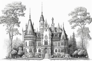 Obraz premium A palace straight out of a fairy tale. The coloring page is in black and white. Generative AI