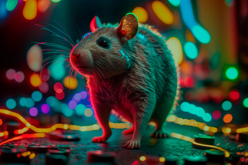 A rat in a disco with neon lights and bokeh effect, generative AI