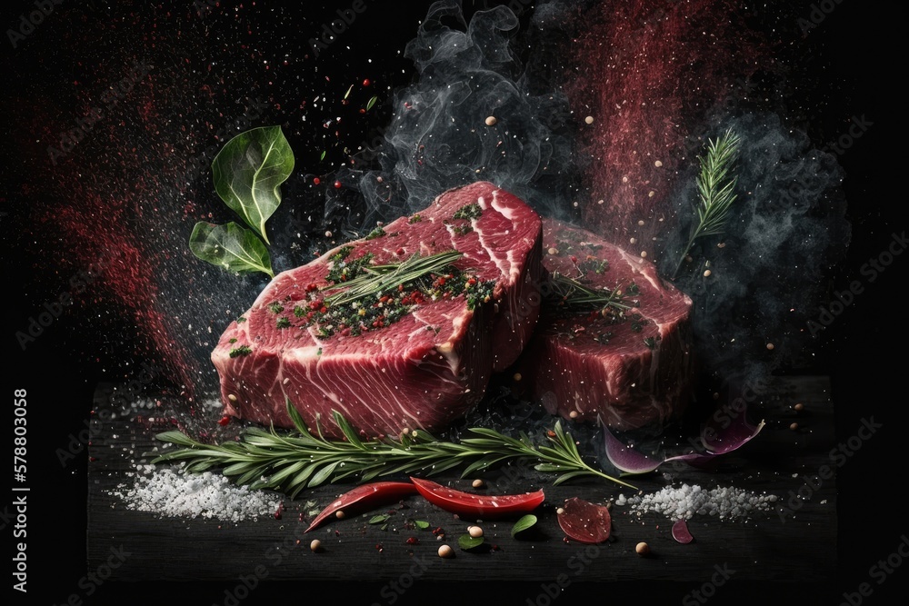 Wall mural image of raw beef steaks on a wooden table, with a splash of spices and herbs on a black background.