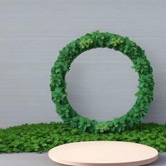 3D display podium with leaves and flora on pastel background. Minimal Jungle exotic green plant composition for product promotion. stand platform for branding and products. 3D render