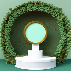 3D display podium with leaves and flora on pastel background. Minimal Jungle exotic green plant composition for product promotion. stand platform for branding and products. 3D render