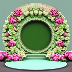 3D display podium with leaves and flora on pastel background. Minimal Jungle exotic green plant composition for product promotion. stand platform for branding and products. 3D render