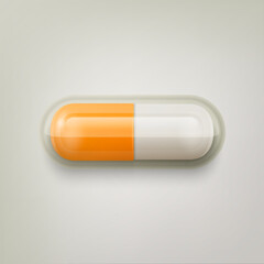 Vector 3d Realistic Orange and White Pharmaceutical Medical Pill, Capsule, Tablet on White Background. Front View. Copy Space. Medicine, Health Concept