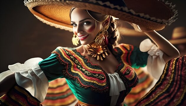 portrait of a smiling beautiful Mexican woman dancing wearing a Mexican hat. Generative AI