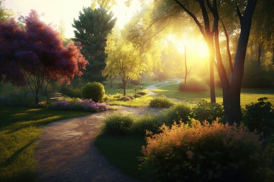 Radiant summertime dawn in a picturesque park. Generative AI