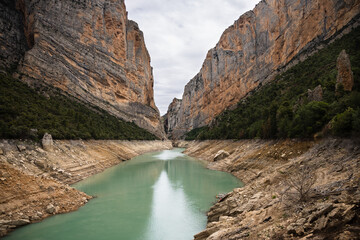 Congost de Mont Rebei, mountain gorge with azure river,  hiking in Aragon, Catalonia, Spain