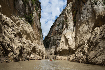 Congost de Mont Rebei, mountain gorge with azure river and canoe, kayaking in Aragon, Catalonia, Spain