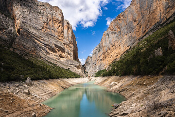 Congost de Mont Rebei, mountain gorge with azure river,  hiking in Aragon, Catalonia, Spain