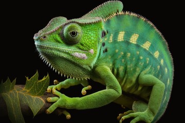 Images of a green chameleon taken at close range. Generative AI
