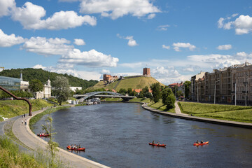 Neris river with the view of Gediminas hill at summer, Vilnius, Lithuania - obrazy, fototapety, plakaty