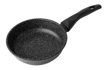 A new frying pan with a black handle on a transparent background. Isolated object for design