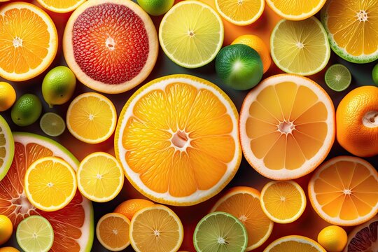 Background Close up of many juicy citrus fruits. Generative AI