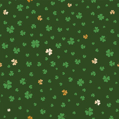 Seamless vector pattern of lucky Four-Leaf Clovers, green, gold. 