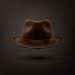 Vector 3d Realistic Brown Vintage Classic Gentleman Black Hat, Cap Icon Closeup Isolated on Black Background. Front View. Mens Unisex Hat Design Template. Vector Illustration