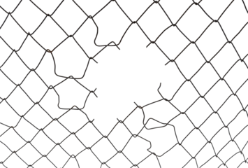 The texture of the metal mesh on a white background. Torn steel, metal mesh with holes