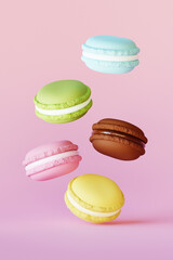 Realistic food. Colorful macaroons on pastel background. 3D render