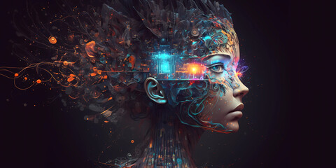 Beautiful Woman Face. Creative 3D Visionary Digital Art of Thinking Girl 