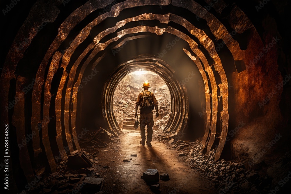 Aufkleber tunnel in old copper mine showing miner exploring for precious metals. generative ai