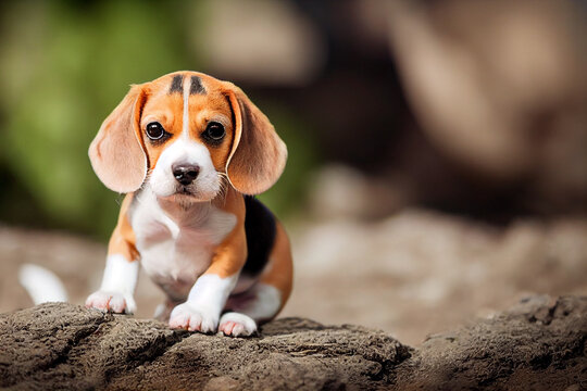 cute small baby beagle puppy  on green nature, generative AI