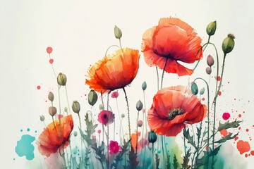 Fototapeta na wymiar Poppy flowers, watercolor painting. AI generated illustration.