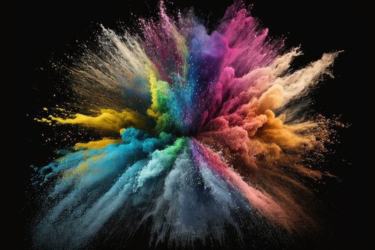 Traced out against a black background, an explosion of colourful powder. Connotation of power and creativity, expressed through an abstract rainbow of hues. Generative AI