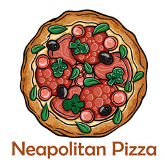 Pizza with salami, ham, vienna sausages, kalamata, olives, broccoli, pelati, pesto. Neapolitan round pizza on white background