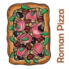 Pizza with roast beef and artichokes, jalapenos, chili, mozzarella, pesto. Roman pizza rectangular on white background