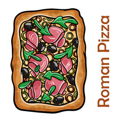 Pizza with roast beef and artichokes, jalapenos, chili, mozzarella, pesto. Roman pizza rectangular on white background