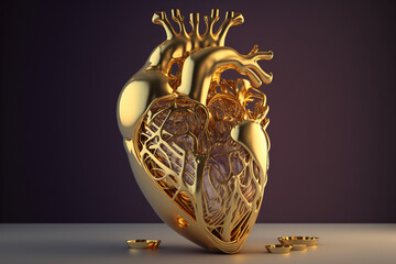 Anatomiczne złote serce - alegoria miłości - Anatomical golden heart - an allegory of love - AI Generated - obrazy, fototapety, plakaty
