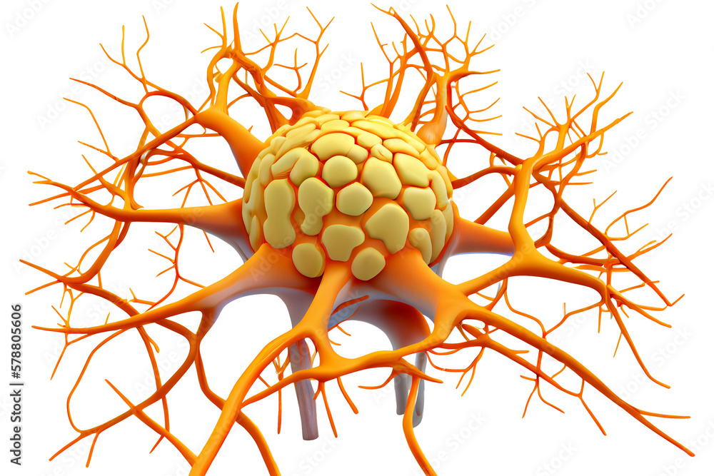 Poster human nervous system. neurons cells close up 3d render on white background. synapses and axones tran